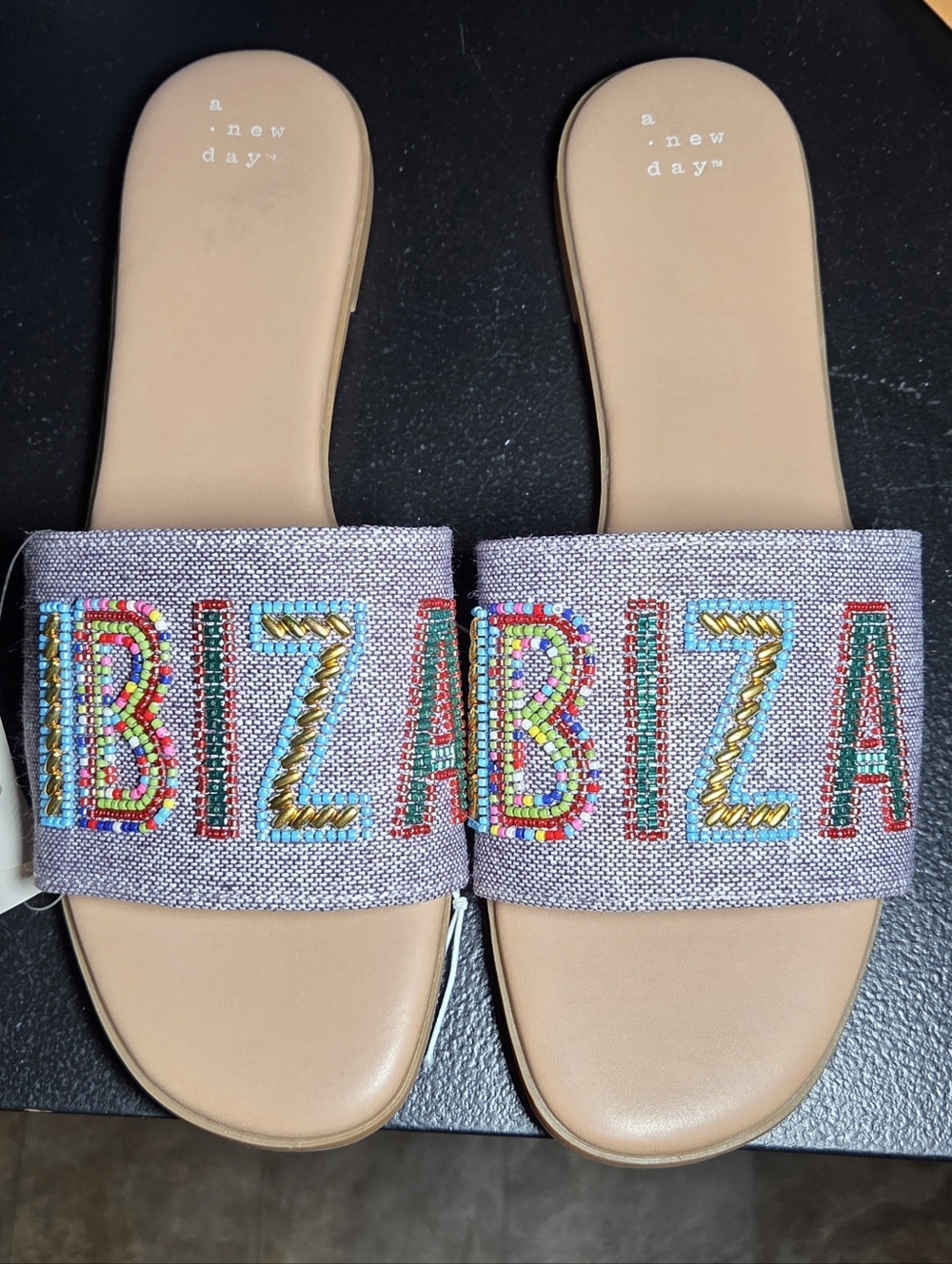a new day Tan Slide Sandals with Multicolor Beaded Lettering